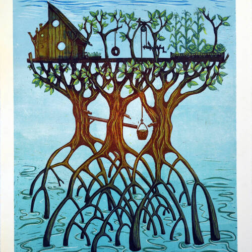 Colorful print of a house sitting on top of a section of mangrove tree roots that stick out of the water.